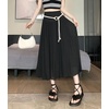 image:imagechouyatou Womens High Elastic Waist Swing Skirt Flowy Pleated Cotton Linen Midi Long Skirt with BeltBlack