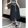 image:imagechouyatou Womens High Elastic Waist Swing Skirt Flowy Pleated Cotton Linen Midi Long Skirt with BeltBlack