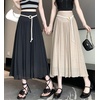 image:imagechouyatou Womens High Elastic Waist Swing Skirt Flowy Pleated Cotton Linen Midi Long Skirt with BeltKhaki