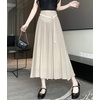 image:imagechouyatou Womens High Elastic Waist Swing Skirt Flowy Pleated Cotton Linen Midi Long Skirt with BeltKhaki