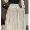 image:imagechouyatou Womens High Elastic Waist Swing Skirt Flowy Pleated Cotton Linen Midi Long Skirt with BeltKhaki