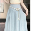 image:imagechouyatou Womens High Elastic Waist Swing Skirt Flowy Pleated Cotton Linen Midi Long Skirt with BeltLight Blue