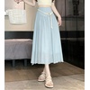 image:imagechouyatou Womens High Elastic Waist Swing Skirt Flowy Pleated Cotton Linen Midi Long Skirt with BeltLight Blue