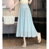 image:imagechouyatou Womens High Elastic Waist Swing Skirt Flowy Pleated Cotton Linen Midi Long Skirt with BeltLight Blue