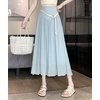 image:imagechouyatou Womens High Elastic Waist Swing Skirt Flowy Pleated Cotton Linen Midi Long Skirt with BeltLight Blue