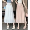 image:imagechouyatou Womens High Elastic Waist Swing Skirt Flowy Pleated Cotton Linen Midi Long Skirt with BeltPink