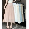 image:imagechouyatou Womens High Elastic Waist Swing Skirt Flowy Pleated Cotton Linen Midi Long Skirt with BeltWhite