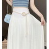 image:imagechouyatou Womens High Elastic Waist Swing Skirt Flowy Pleated Cotton Linen Midi Long Skirt with BeltWhite