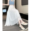 image:imagechouyatou Womens High Elastic Waist Swing Skirt Flowy Pleated Cotton Linen Midi Long Skirt with BeltWhite