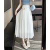 image:imagechouyatou Womens High Elastic Waist Swing Skirt Flowy Pleated Cotton Linen Midi Long Skirt with BeltWhite