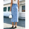 image:imagechouyatou Womens High Waisted Denim Long Skirt Boho Floral Print Business Casual A Line Pleated Jean SkirtBlue