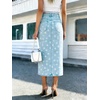 image:imagechouyatou Womens High Waisted Denim Long Skirt Boho Floral Print Business Casual A Line Pleated Jean SkirtLight Blue