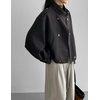 image:imagechouyatou Womens Stand Collar Wool Coat Loose Fit Business Casual Work Blazer Jacket Winter Pea CoatGrey