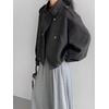 image:imagechouyatou Womens Stand Collar Wool Coat Loose Fit Business Casual Work Blazer Jacket Winter Pea CoatGrey