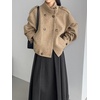 image:imagechouyatou Womens Stand Collar Wool Coat Loose Fit Business Casual Work Blazer Jacket Winter Pea CoatKhaki