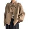 image:imagechouyatou Womens Stand Collar Wool Coat Loose Fit Business Casual Work Blazer Jacket Winter Pea CoatKhaki