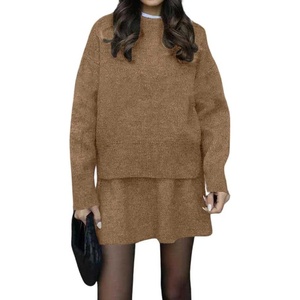 image:imagechouyatou Womens 2 Piece Sweater Skirt Sets Casual Loose Pullover Tops Mini Knitted Skirt Two Piece OutfitsCamel