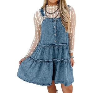 image:imagechouyatou Womens Adjustable Strap Denim Overall Dress Distressed ALine Tiered Mini Jean DressBlue