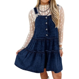 image:imagechouyatou Womens Adjustable Strap Denim Overall Dress Distressed ALine Tiered Mini Jean DressDark Blue