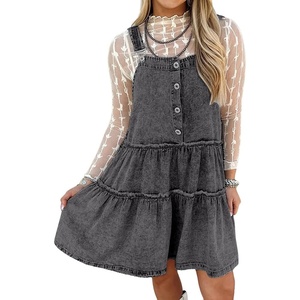 image:imagechouyatou Womens Adjustable Strap Denim Overall Dress Distressed ALine Tiered Mini Jean DressGrey