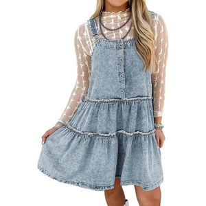 image:imagechouyatou Womens Adjustable Strap Denim Overall Dress Distressed ALine Tiered Mini Jean DressLight Blue