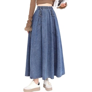 image:imagechouyatou Womens Bowknot Elastic High Waist Jean Skirt Frayed A Line Flared Long Maxi Denim SkirtDark Blue