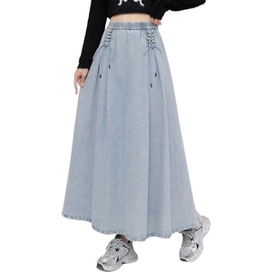 image:imagechouyatou Womens Bowknot Elastic High Waist Jean Skirt Frayed A Line Flared Long Maxi Denim SkirtLight Blue