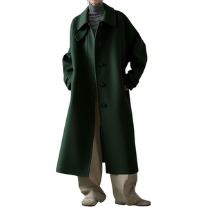 image:imagechouyatou Womens Business Casual Winter Wool Coat Single Breasted Long Sleeve Midi Long Trench Coat PeacoatGreen