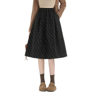 image:imagechouyatou Womens Cute Ditsy Floral Wool Midi Long Skirt Elastic Waist Flare A Line Pleated Skirt with PocketsBlack