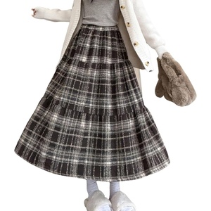 image:imagechouyatou Womens Cute Plaid Tweed Wool Skirt A Line Flared Dressy Fall Winter Midi Long Tiered SkirtCoffee