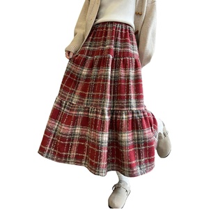 image:imagechouyatou Womens Cute Plaid Tweed Wool Skirt A Line Flared Dressy Fall Winter Midi Long Tiered SkirtRed