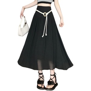 image:imagechouyatou Womens High Elastic Waist Swing Skirt Flowy Pleated Cotton Linen Midi Long Skirt with BeltBlack