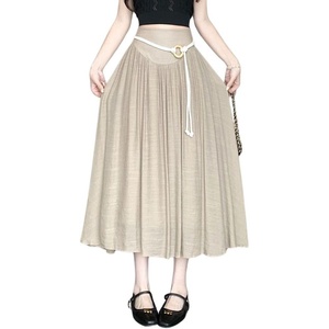 image:imagechouyatou Womens High Elastic Waist Swing Skirt Flowy Pleated Cotton Linen Midi Long Skirt with BeltKhaki