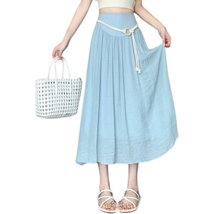 image:imagechouyatou Womens High Elastic Waist Swing Skirt Flowy Pleated Cotton Linen Midi Long Skirt with BeltLight Blue