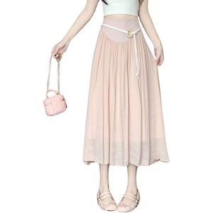 image:imagechouyatou Womens High Elastic Waist Swing Skirt Flowy Pleated Cotton Linen Midi Long Skirt with BeltPink