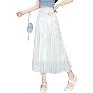 image:imagechouyatou Womens High Elastic Waist Swing Skirt Flowy Pleated Cotton Linen Midi Long Skirt with BeltWhite