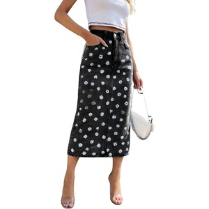 image:imagechouyatou Womens High Waisted Denim Long Skirt Boho Floral Print Business Casual A Line Pleated Jean SkirtBlack