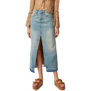 image:imagechouyatou Womens Sexy Front Slit High Waist ALine Midi Long Denim Jean SkirtBlue