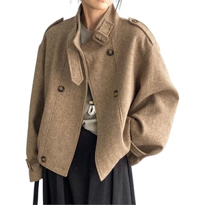 image:imagechouyatou Womens Stand Collar Wool Coat Loose Fit Business Casual Work Blazer Jacket Winter Pea CoatKhaki