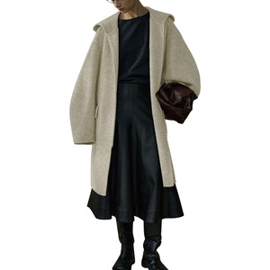 image:imagechouyatou Womens Winter Zip Up Wool Coat with Hood Casual Loose Midi Long Trench Pea Coat Wool Blend JacketApricot