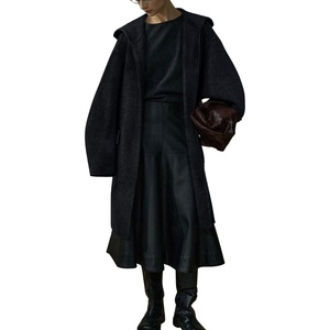 image:imagechouyatou Womens Winter Zip Up Wool Coat with Hood Casual Loose Midi Long Trench Pea Coat Wool Blend JacketBlack