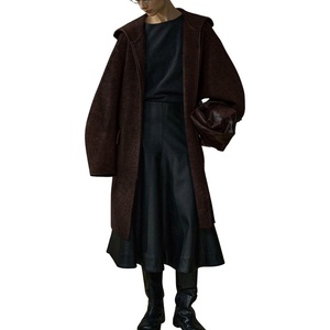 image:imagechouyatou Womens Winter Zip Up Wool Coat with Hood Casual Loose Midi Long Trench Pea Coat Wool Blend JacketCoffee