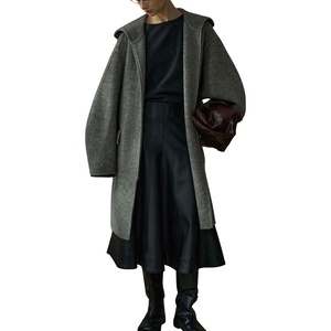 image:imagechouyatou Womens Winter Zip Up Wool Coat with Hood Casual Loose Midi Long Trench Pea Coat Wool Blend JacketGray