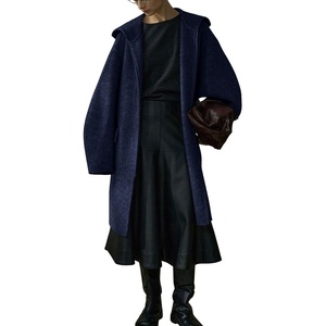image:imagechouyatou Womens Winter Zip Up Wool Coat with Hood Casual Loose Midi Long Trench Pea Coat Wool Blend JacketNavy