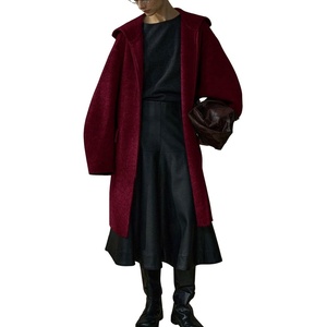 image:imagechouyatou Womens Winter Zip Up Wool Coat with Hood Casual Loose Midi Long Trench Pea Coat Wool Blend JacketWine Red