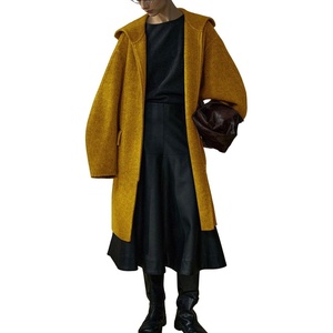 image:imagechouyatou Womens Winter Zip Up Wool Coat with Hood Casual Loose Midi Long Trench Pea Coat Wool Blend JacketYellow