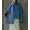 image:imagechouyatou Womens Casual Single Breasted Cropped Wool Coat Dressy Trench Pea Coat Short Wool Jacket with ScarfBlue