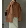 image:imagechouyatou Womens Casual Single Breasted Cropped Wool Coat Dressy Trench Pea Coat Short Wool Jacket with ScarfBrown
