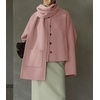 image:imagechouyatou Womens Casual Single Breasted Cropped Wool Coat Dressy Trench Pea Coat Short Wool Jacket with ScarfPink