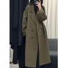 image:imagechouyatou Womens Winter Double Breasted Wool Coat Casual Loose Belted Notch Lapel Midi Long Woolen CoatArmy Green